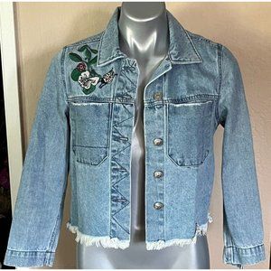 H&M Coachella Sz 8 Denim Jean Jacket Floral Embroidery Cropped Frayed Boho Festi